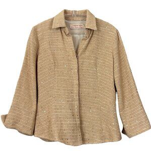 Caryna Nina Haute Couture Sequined Knit Buttoned Lightweight Jacket Tan Size S